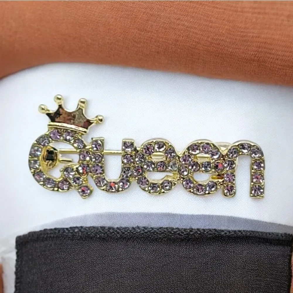 Queen Crown Rhinestone Brooch Gold CZ Statement Pin Birthday Glam Bridal Sparkle